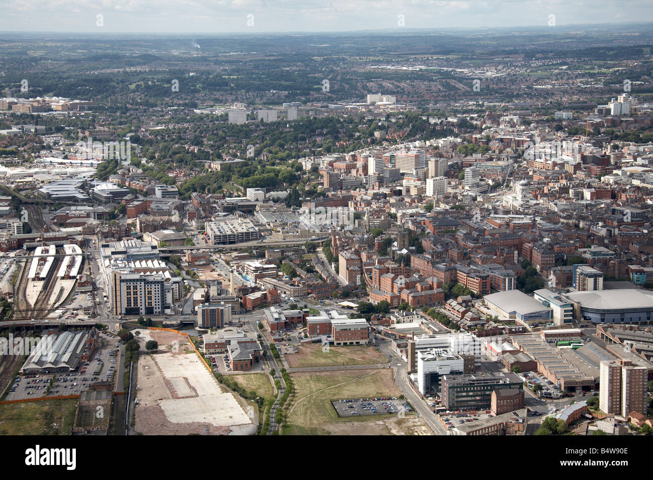 Aerial view west of Nottingham City Centre railway line Nottingham Arena inner city buildings London Road Poplar Street NG1 Engl Stock Photo