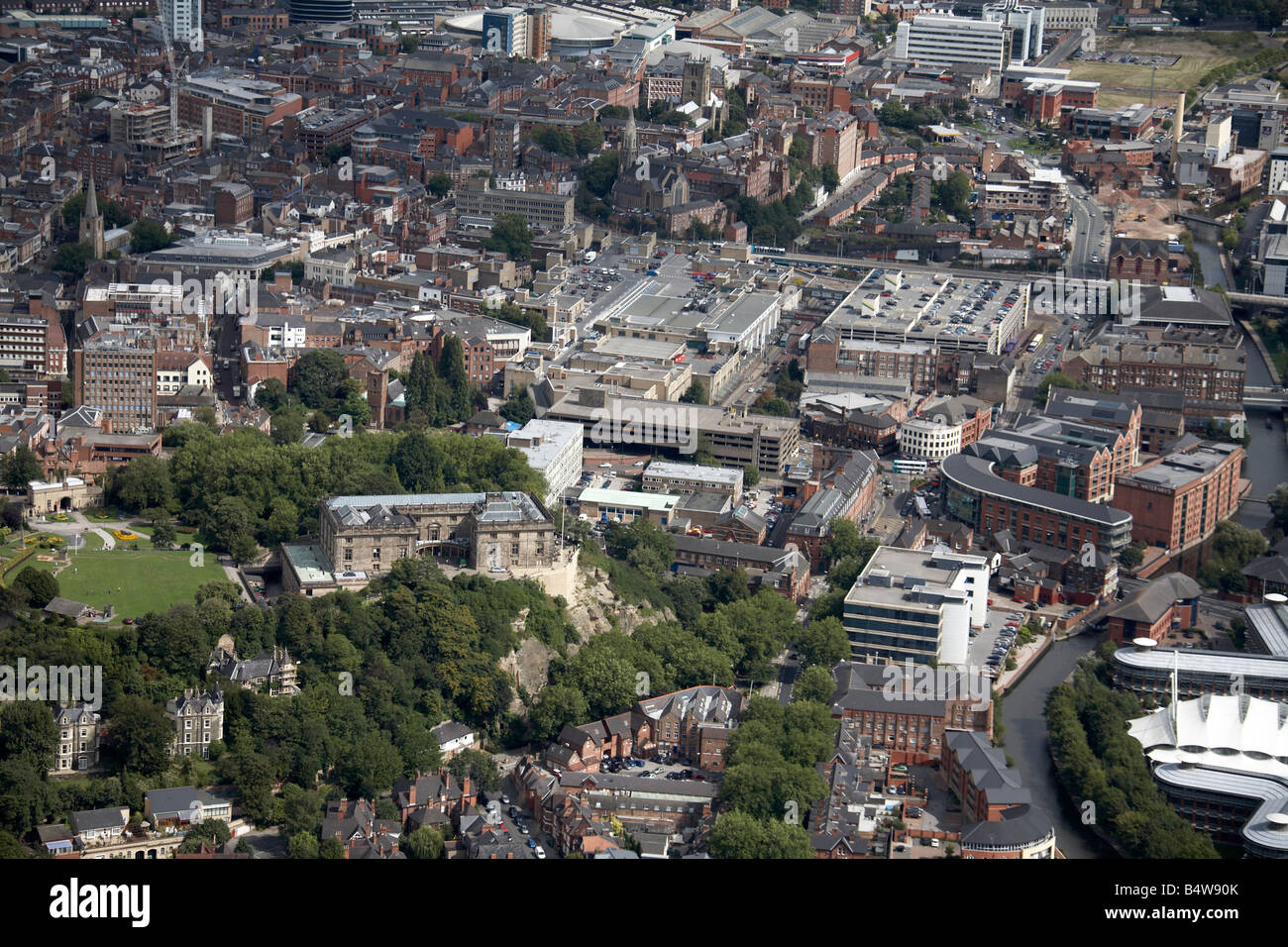 Aerial view north east of Nottingham Castle inner city buildings offices River Trent Nottingham NG1 England UK Stock Photo