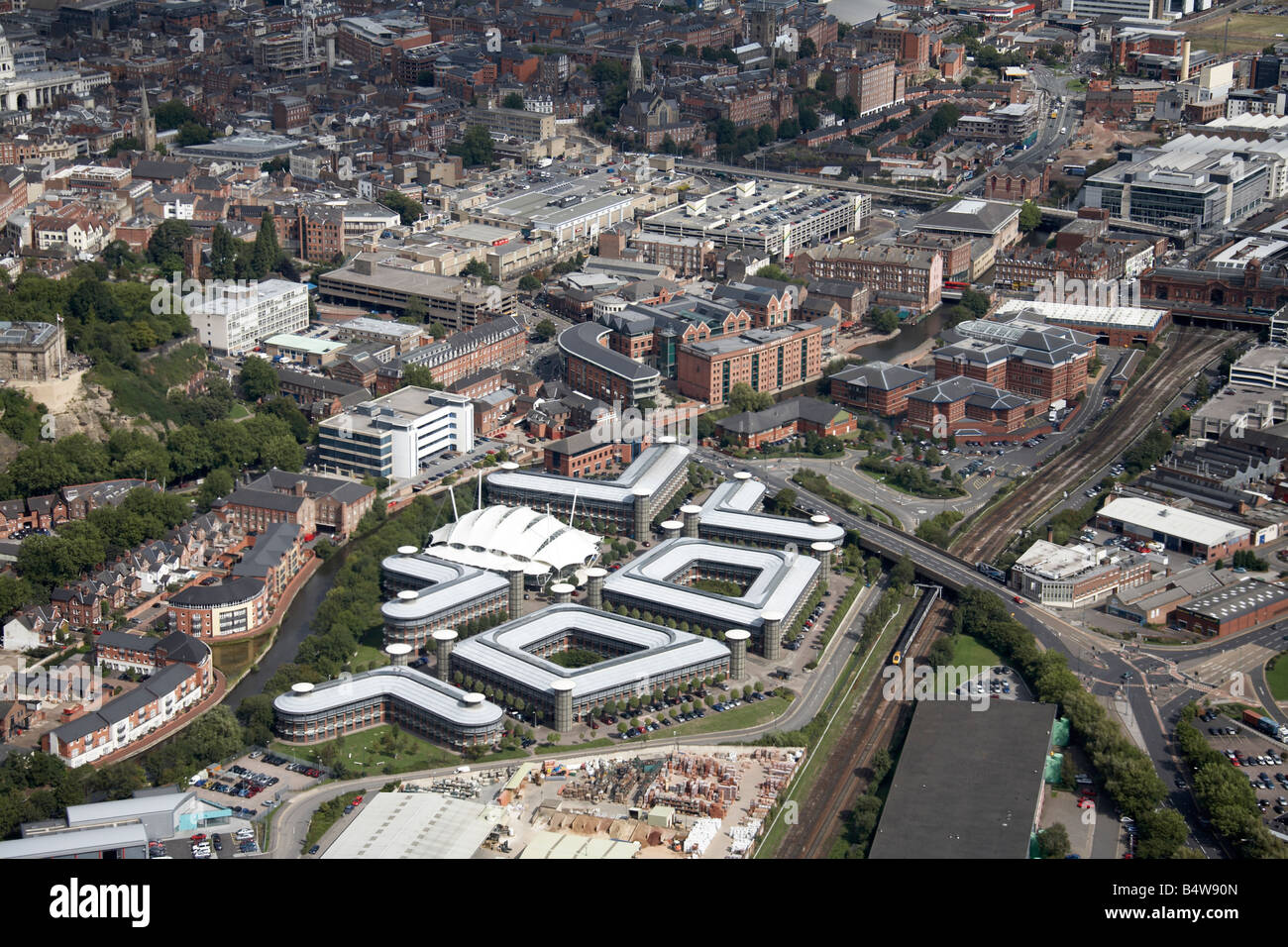 Aerial view north east of inner city buildings offices railway line
