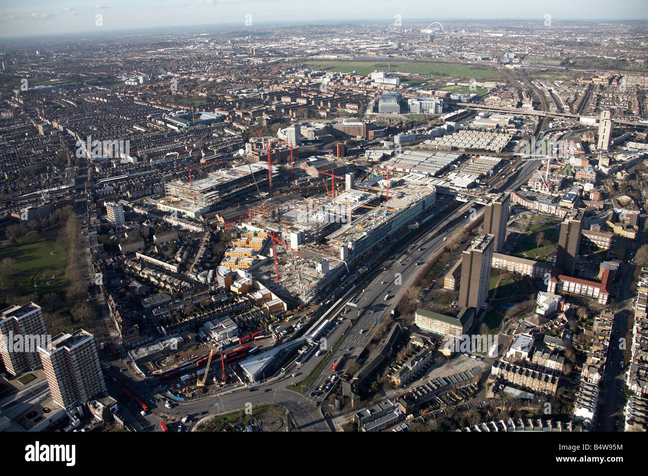 Aerial view NW Westfield White City Development Construction Site West Cross Route tower blocks Wormwood Scrubs London W12 UK Stock Photo