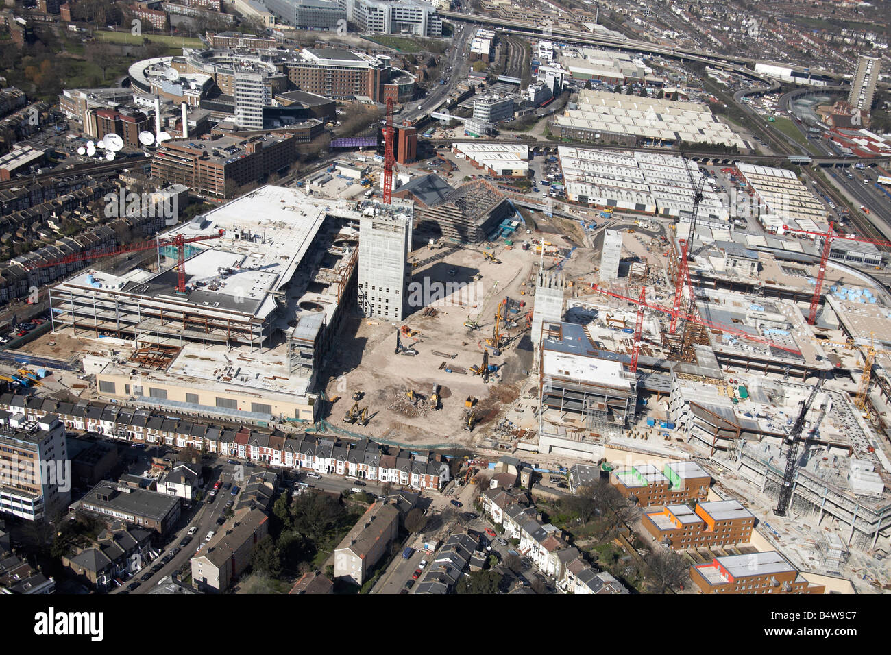 Aerial view north west of Westfield White City Development Construction Site BBC Television Centre London W12 UK 15th March 2007 Stock Photo