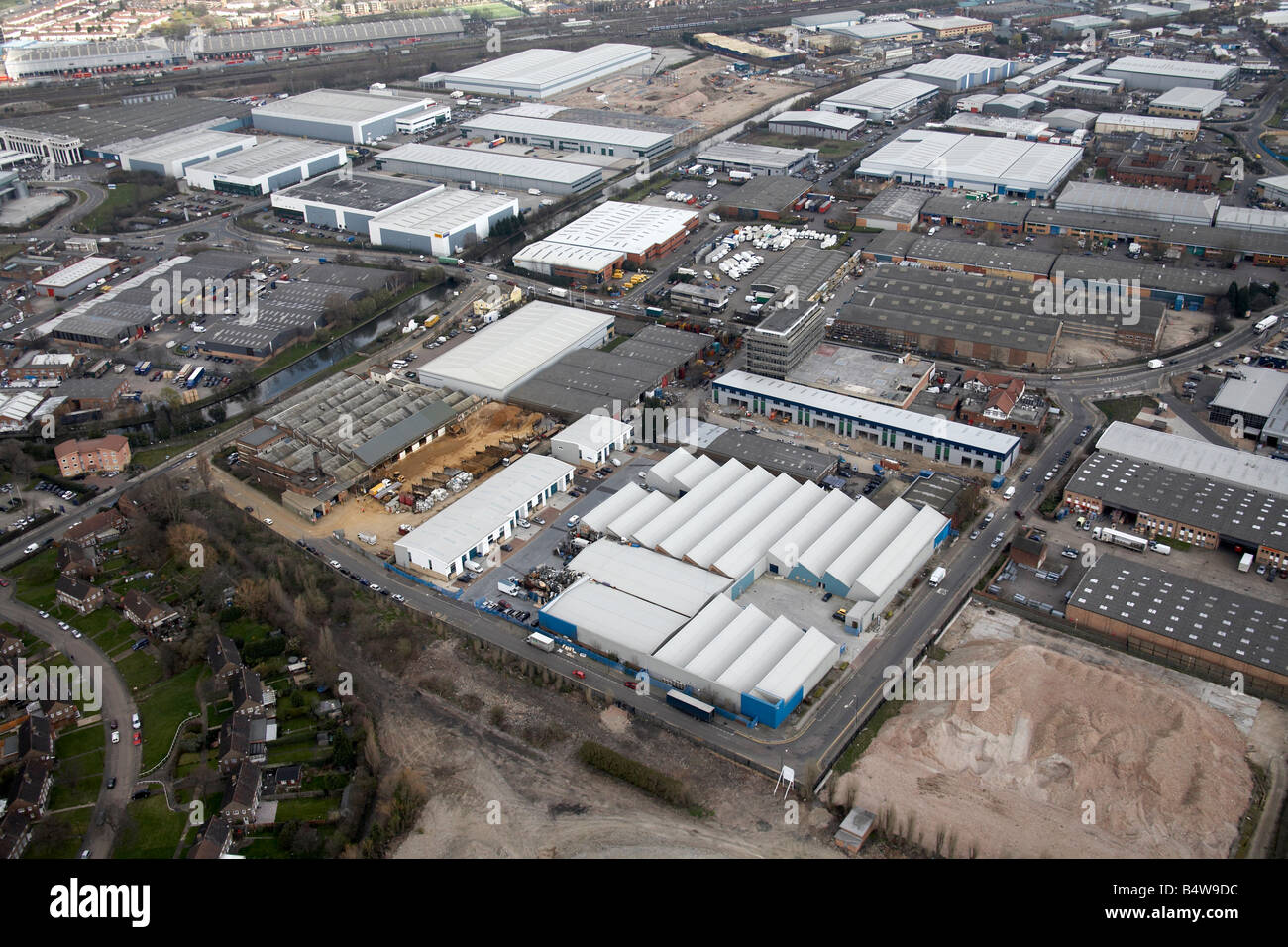 Aerial view north east of industrial estates and business manufacturing areas Whitby Avenue Rainsford Road Park Royal London NW1 Stock Photo