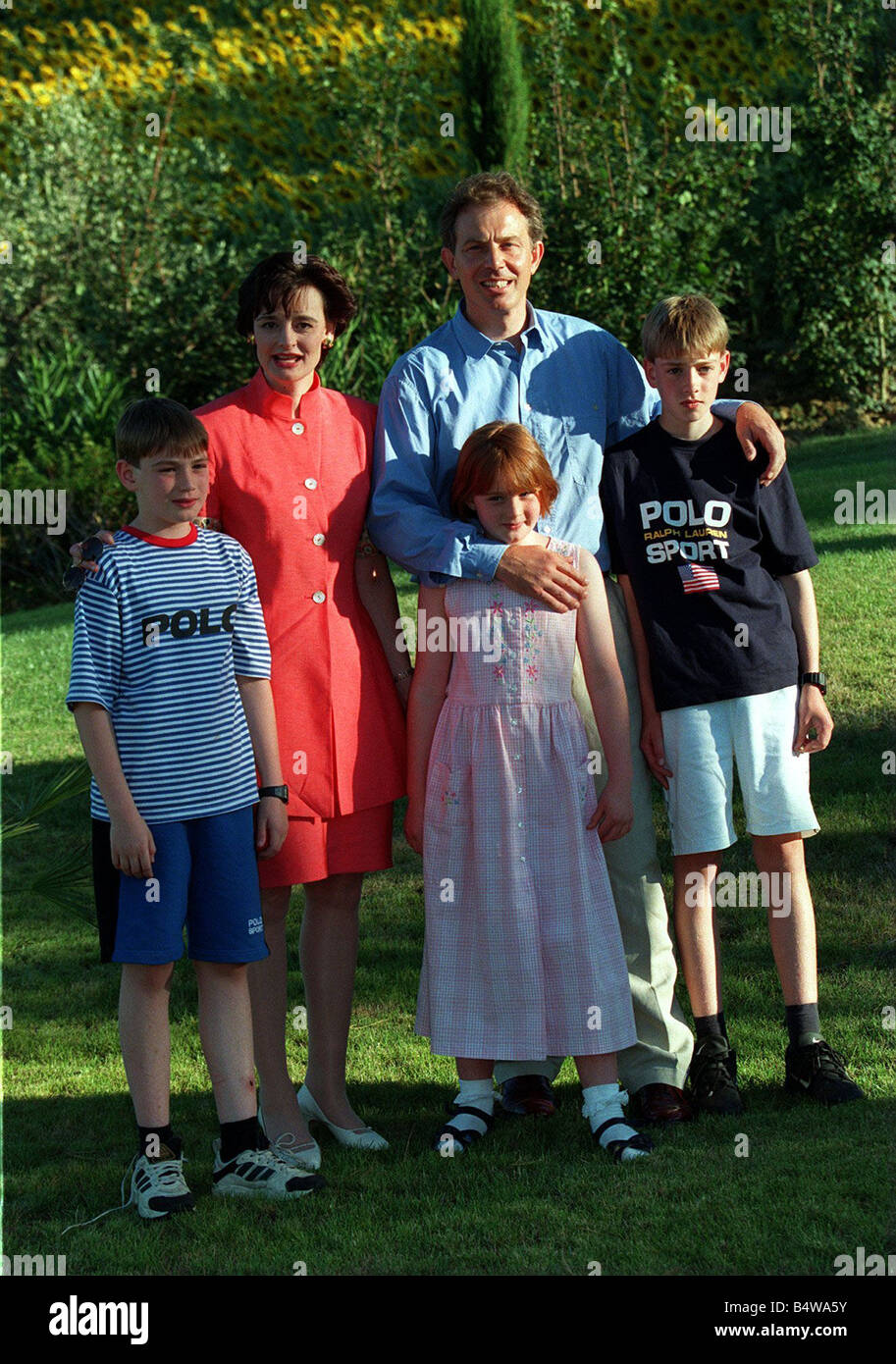 Tony Blair Prime Minister with family in Tuscany 1997 His wife Cherie Blair daughter Kathryn Blair and sons Euan Blair and Nicky Blair on holiday LAFRSSAPR05 0604 Stock Photo