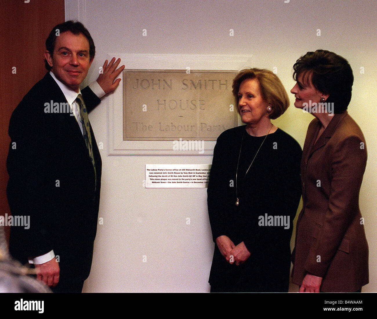 Tony Blair opens John Smith House at Millbank London with John Smiths widow Elizabeth and his wife Cherie Stock Photo