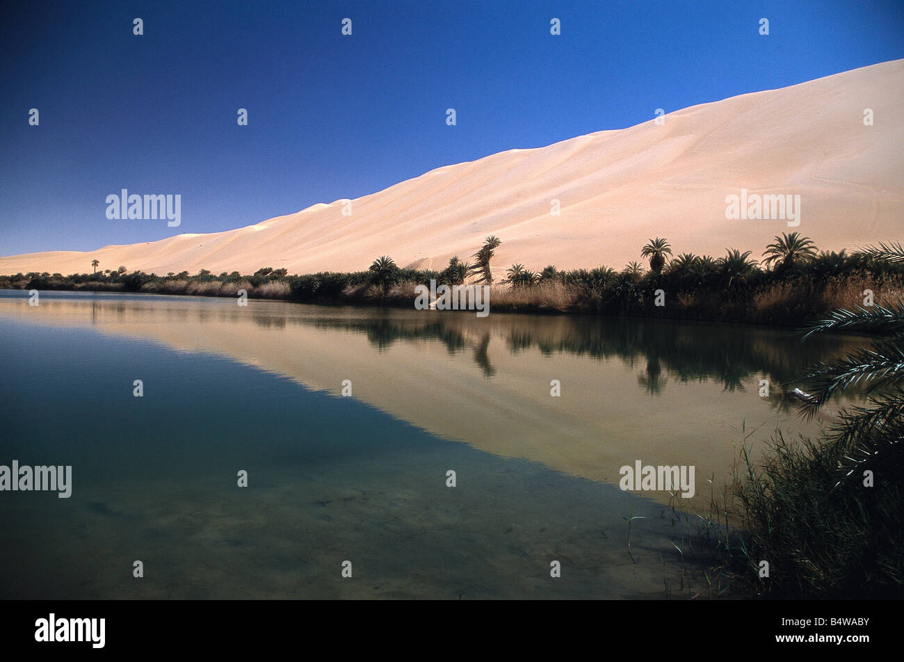Umm Il Mara is the largest of the Ubari lakes in the Ubari Sand Sea, Sahara Desert, Libya. Stock Photo