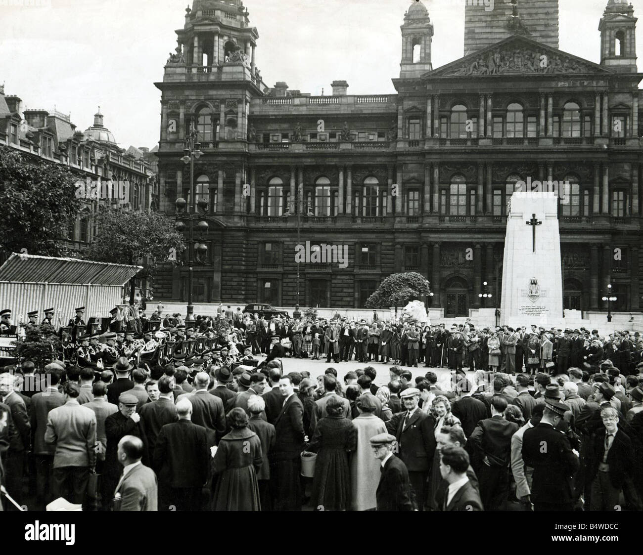 Lunchtime concerts held in George Square Glasgow the Band was the 3rd carabiniers Prince of Wales Dragoon guards and the band City Chambers in St George Square Glasgow Scotland Architecture old buildings domes columns war monuments streets Circa 1948 Mirrorpix Stock Photo