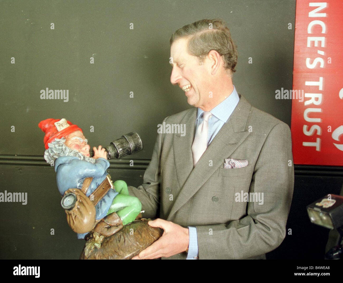 Prince Charles and a garden gnome November 1998 The gnome was a 50th birthday gift from royal photographers from the Mirror Sun Stock Photo