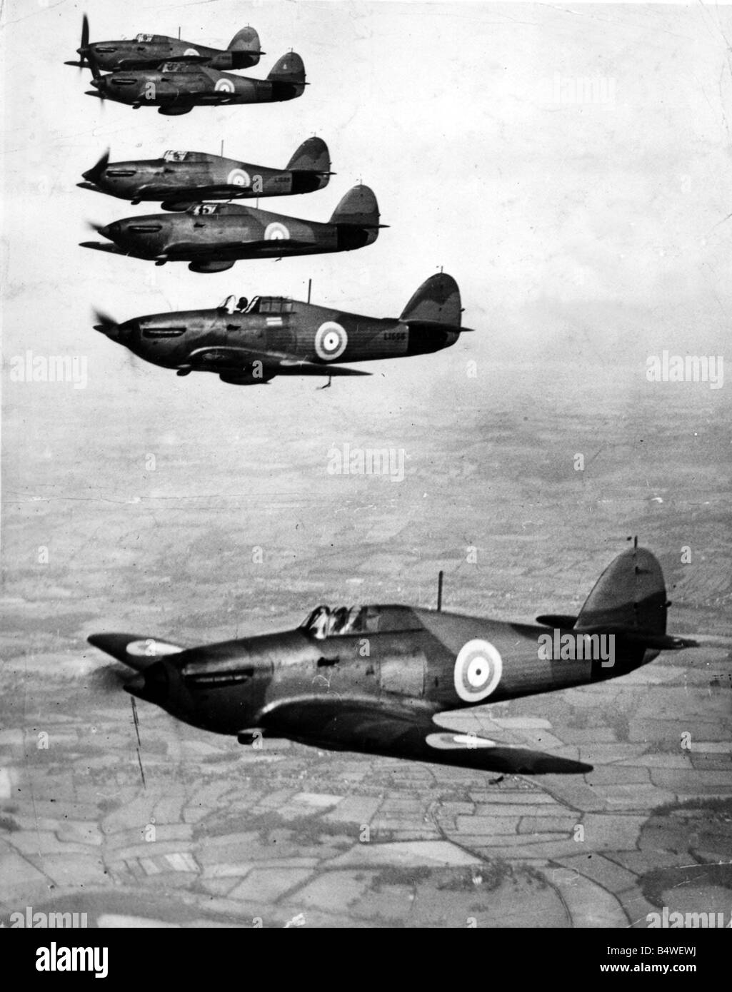 War World War II Battle of Britain Picture shows a group of Hawker Hurricanes fighter planes flying in formation Circa 1940s Stock Photo