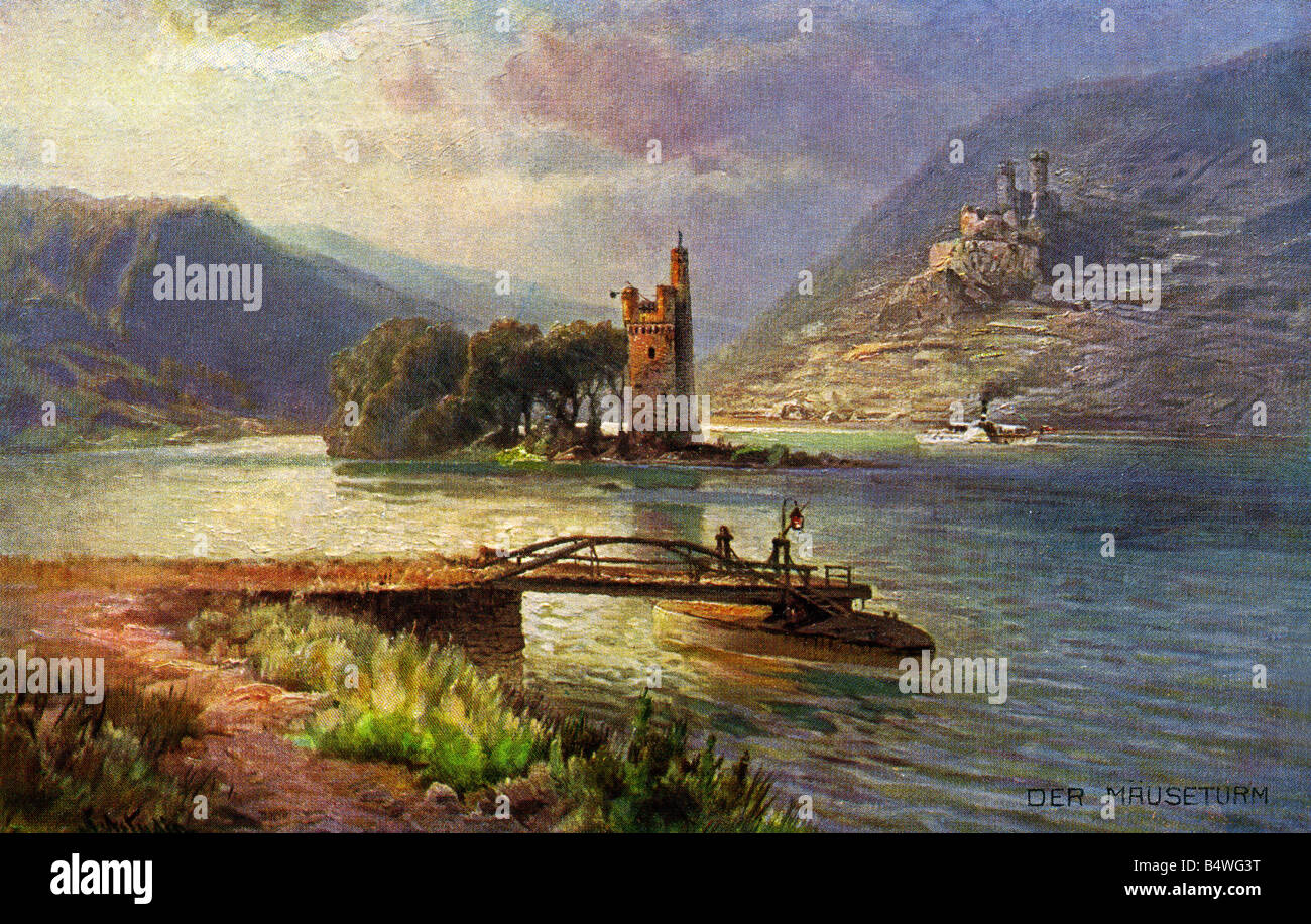 architectur, castles, Germany, Rhineland-Palatinate, Mouse Tower at Bingen, exterior view, postcard after painting by Nikolai von Astudin (1847 - 1925), Hoursch and Bechstedt publisher, Cologne, 1920/1930, Stock Photo