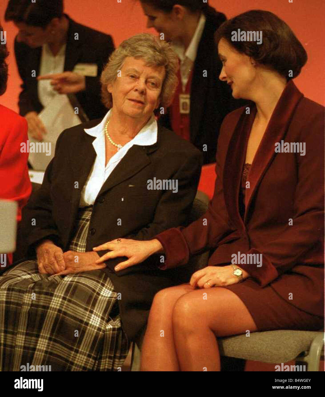 Mary Wilson widow of Harold Wilson being comforted by Cherie Blair wife of Tony Blair before the Labour Leader gave his keynote Stock Photo