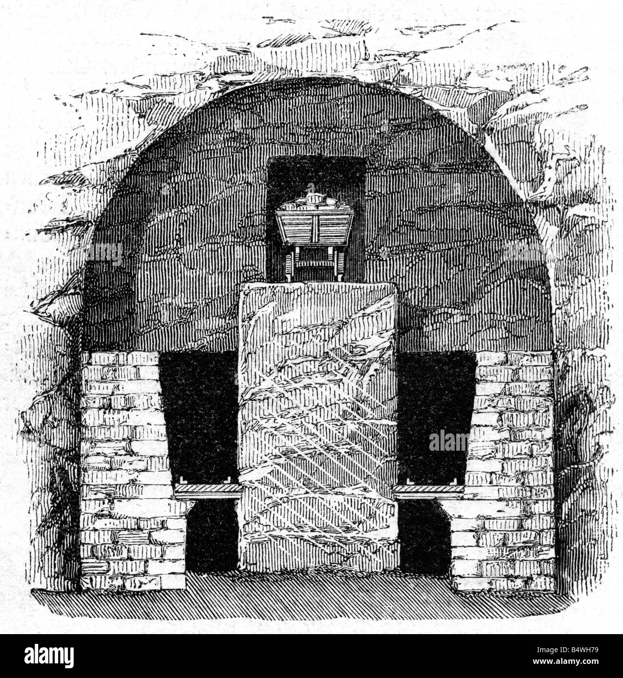 architecture, tunnels, construction of a railway tunnel, auxiliary adirts and skewbacks, wood engraving, Germany, 1860, Stock Photo