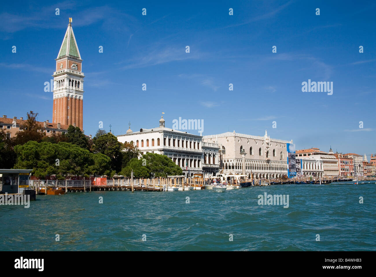 View along the Lagoon of the Camponile and St Marks Piazza in Venice Stock Photo