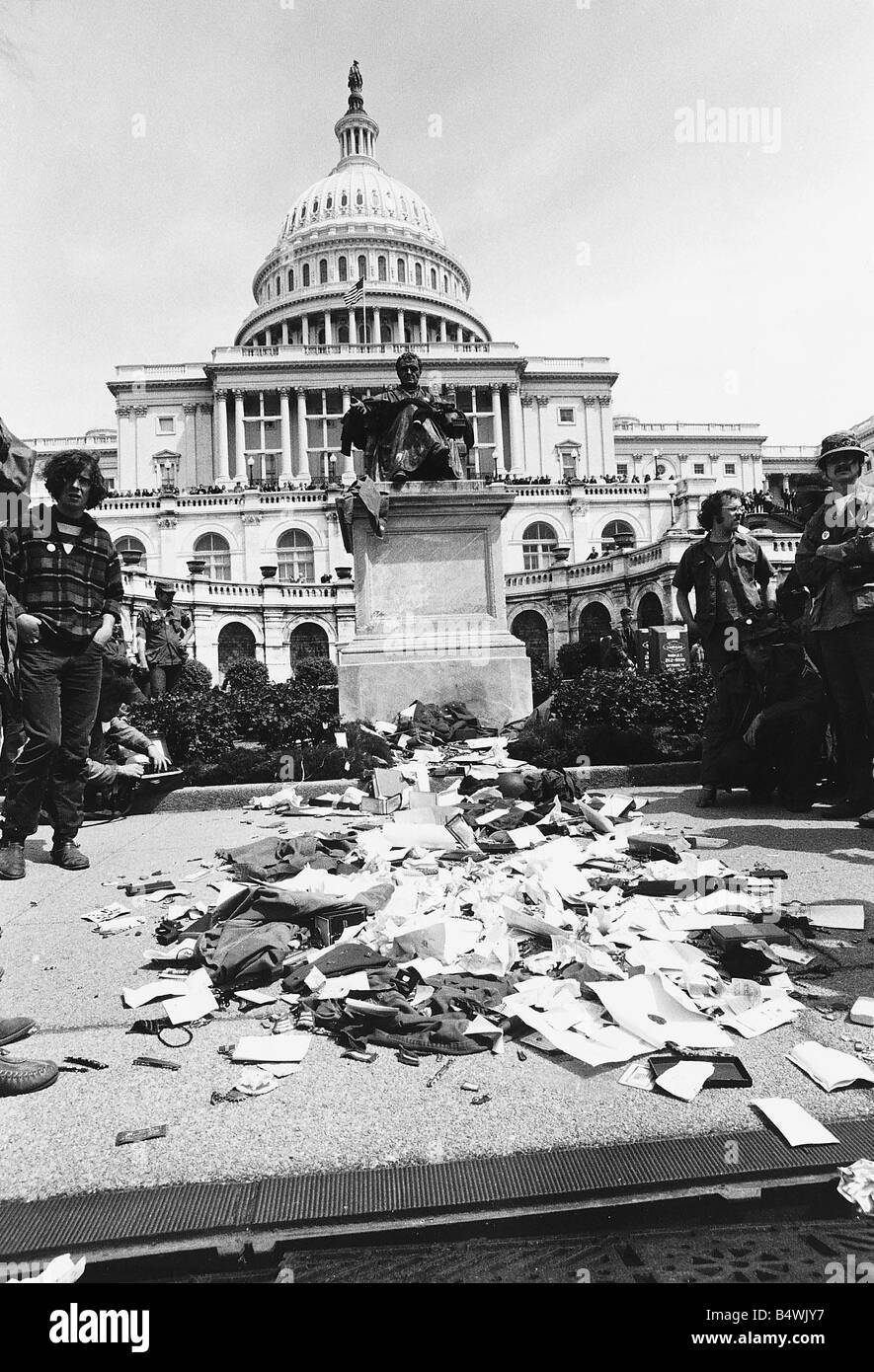 Vietnam War Demonstrations Veterans from the war converged on the Capital building in Washington and threw away their bravery medals ribons and comendations in protest at the continuing war in Vietnam msi Stock Photo