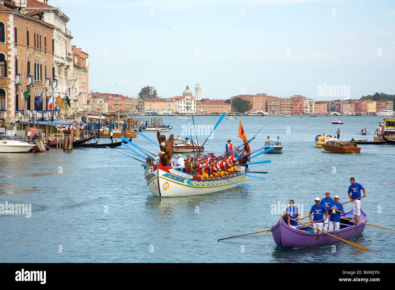 Decorated Boats on the Grand Canal in Venice for the Historical Regatta which takes place each september Stock Photo