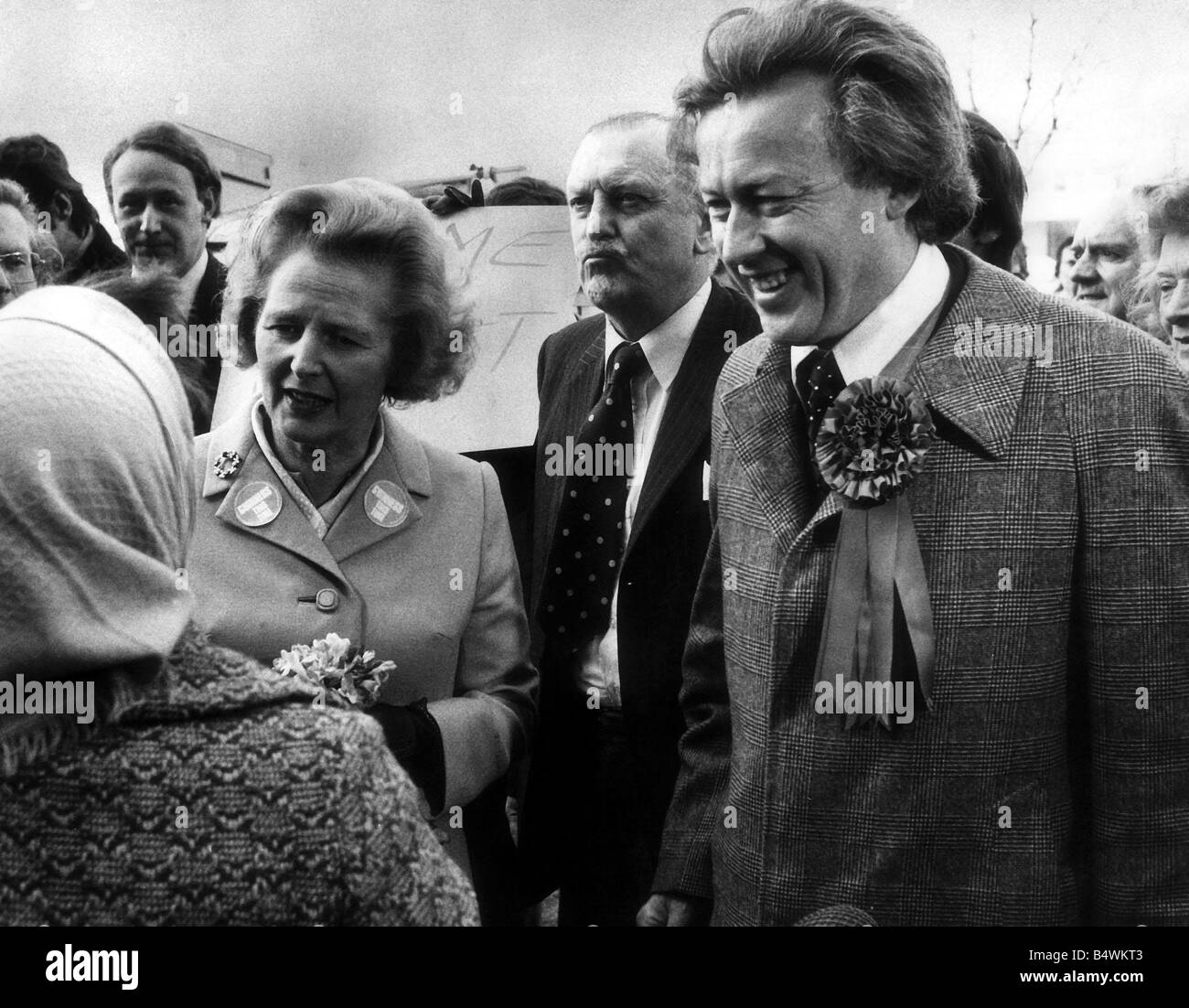 Tory candidate Jonathan Guinness during the Coventry By Election with leader Margaret Thatcher March 1976 Stock Photo