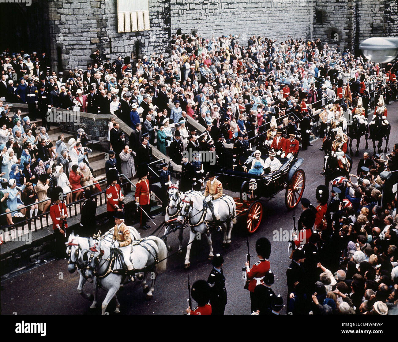 Investiture of Prince Charles as Prince of Wales 01 07 1969 Royal family drive from Caernarvon Castle after the ceremony MSI Stock Photo