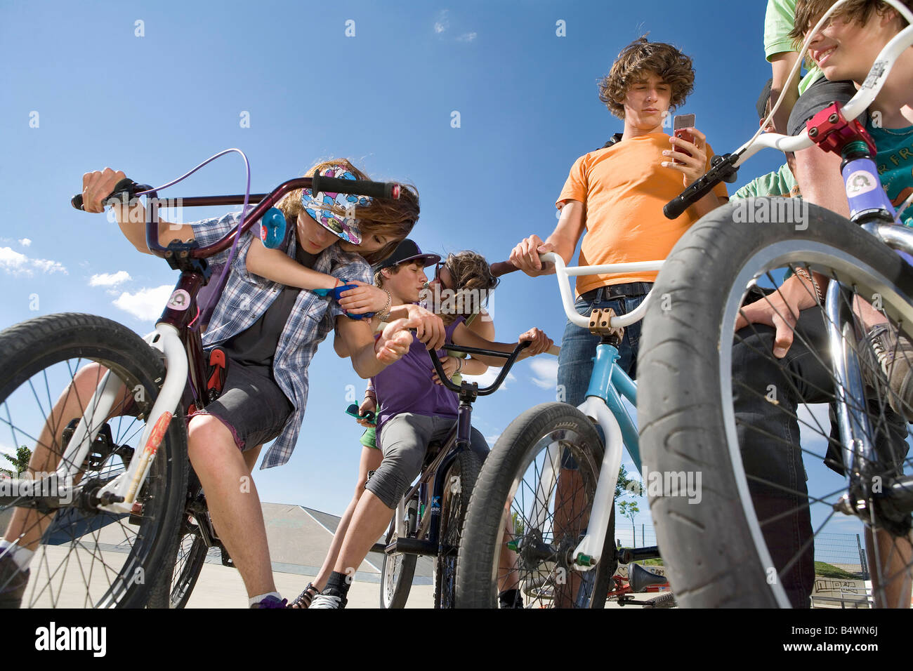 Group of teens on bikes Stock Photo Alamy