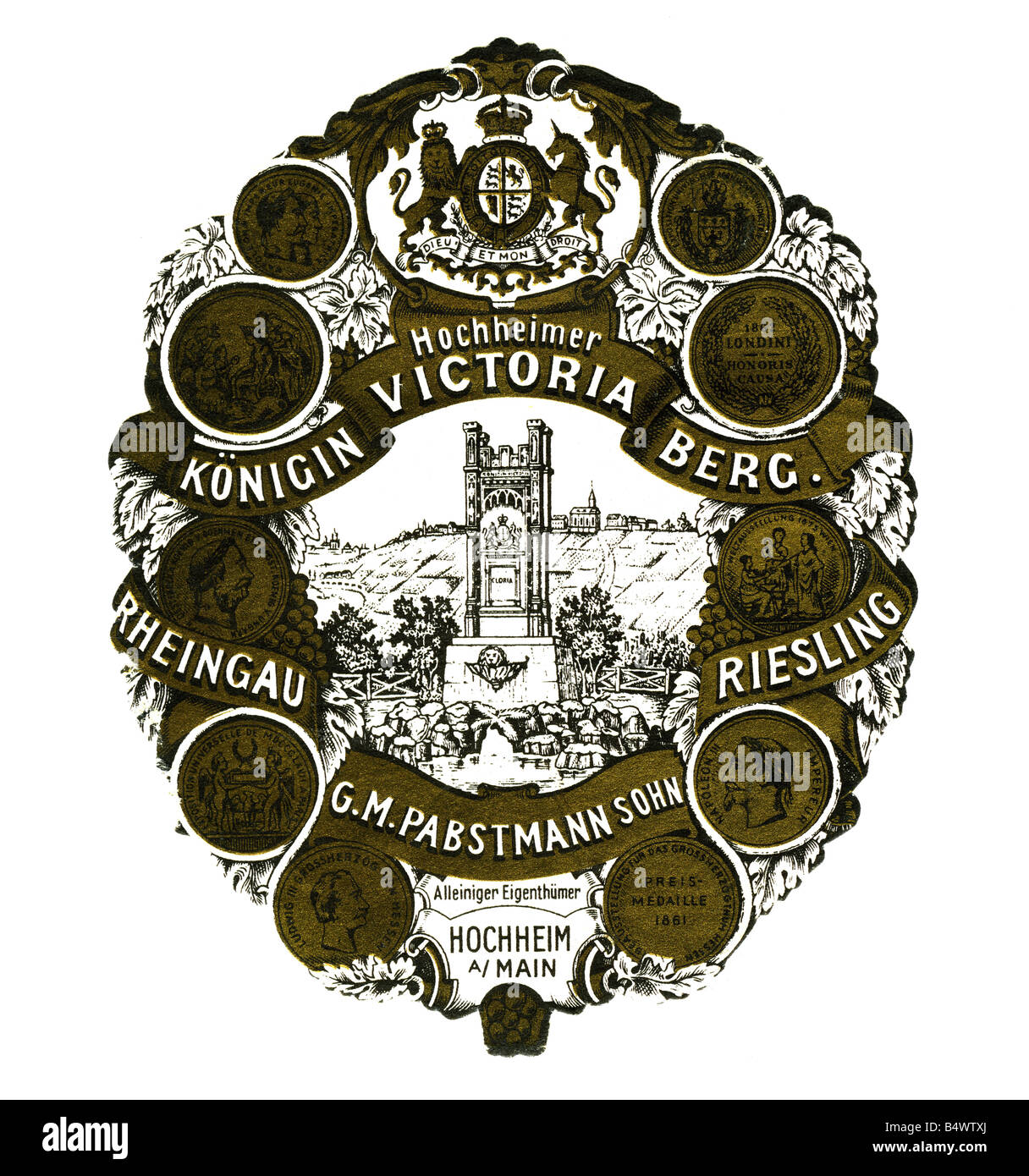 alcohol, wine, labels, 'Hochheimer Koenigin Victoria Berg', Winery Georg Michael Papstmann, Hochheim am Main, circa 1880, , Stock Photo