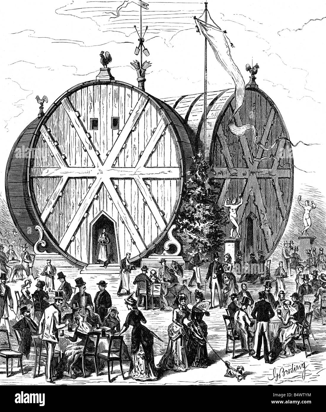 exhibitions, industry, International Colonial Exhibition, Amsterdam, 1883, gastronomy, Giant-Cask-Restaurant, wood engraving after drawing by L. von Eliot, September 1883, Giant Cask Restaurant, Netherlands, 19th century, historic, historical, people, Stock Photo