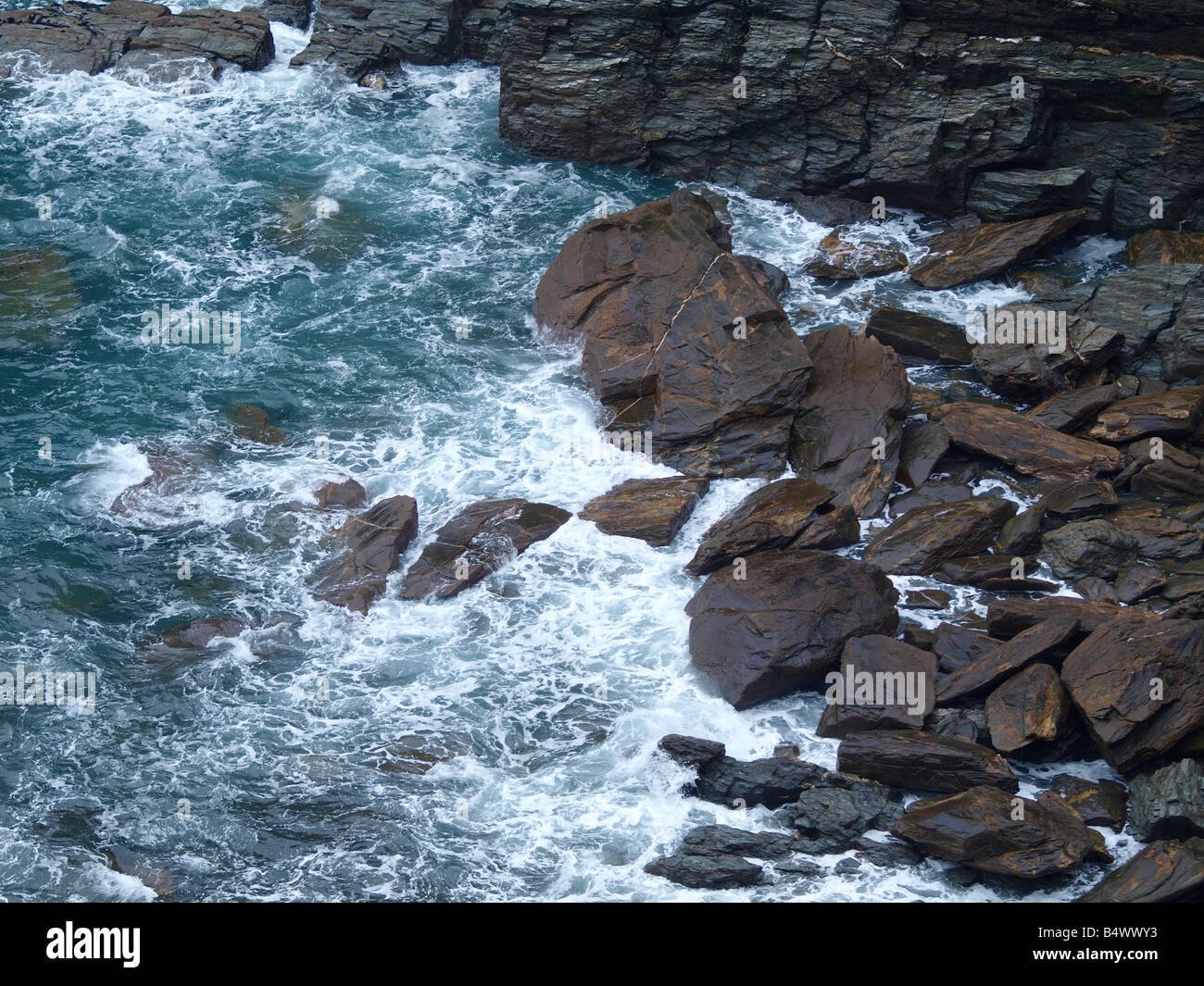 Rocky shoreline at Tintagel, Cornwall. Stock Photo