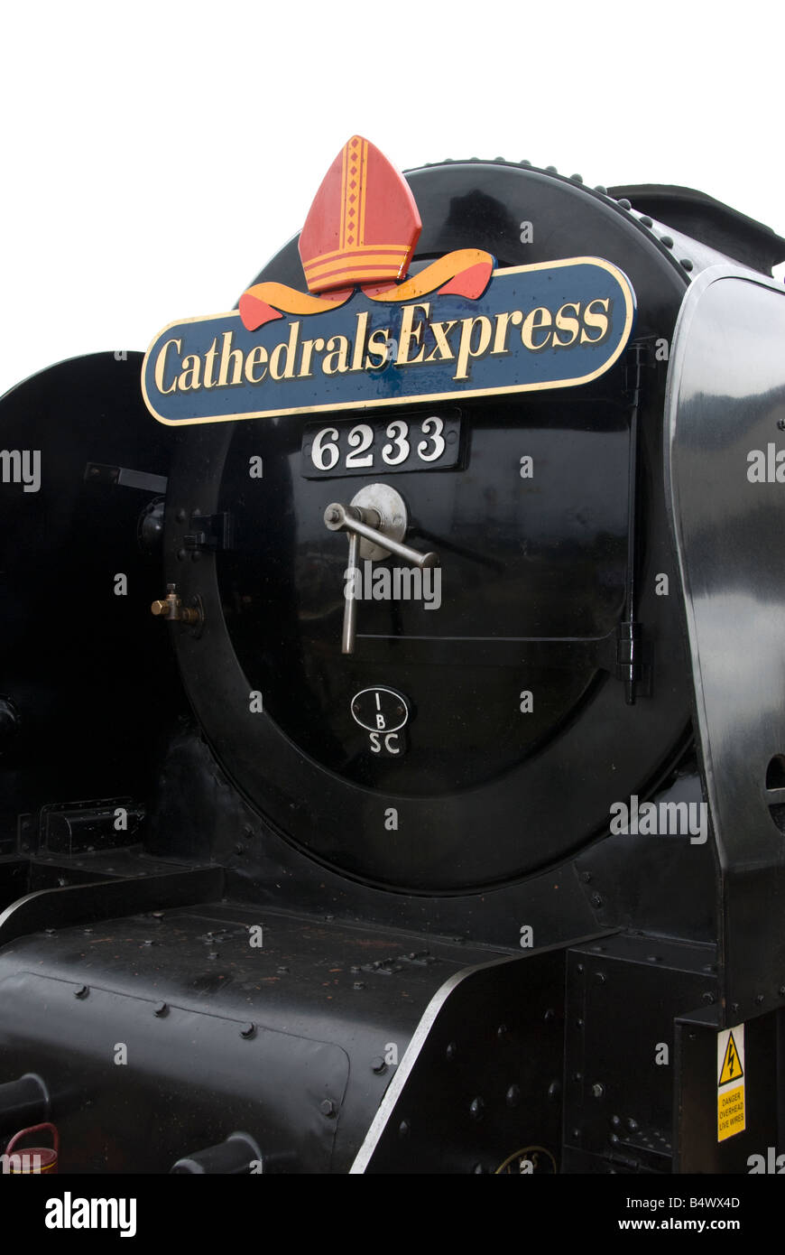 Cathedrals Express Headboard on 6233 'Duchess of Sutherland' at Worcester Shrub Hill Station, England Stock Photo