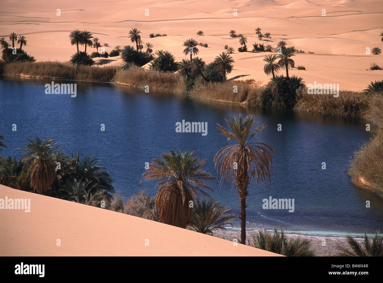 Umm Il Ma lake is a scenic lake, one of the Ubari lakes in the Ubari Sand Sea, Sahara Desert, Libya Stock Photo