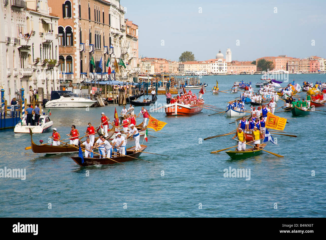 Decorated Boats on the Grand Canal in Venice for the Historical Regatta which takes place each september Stock Photo