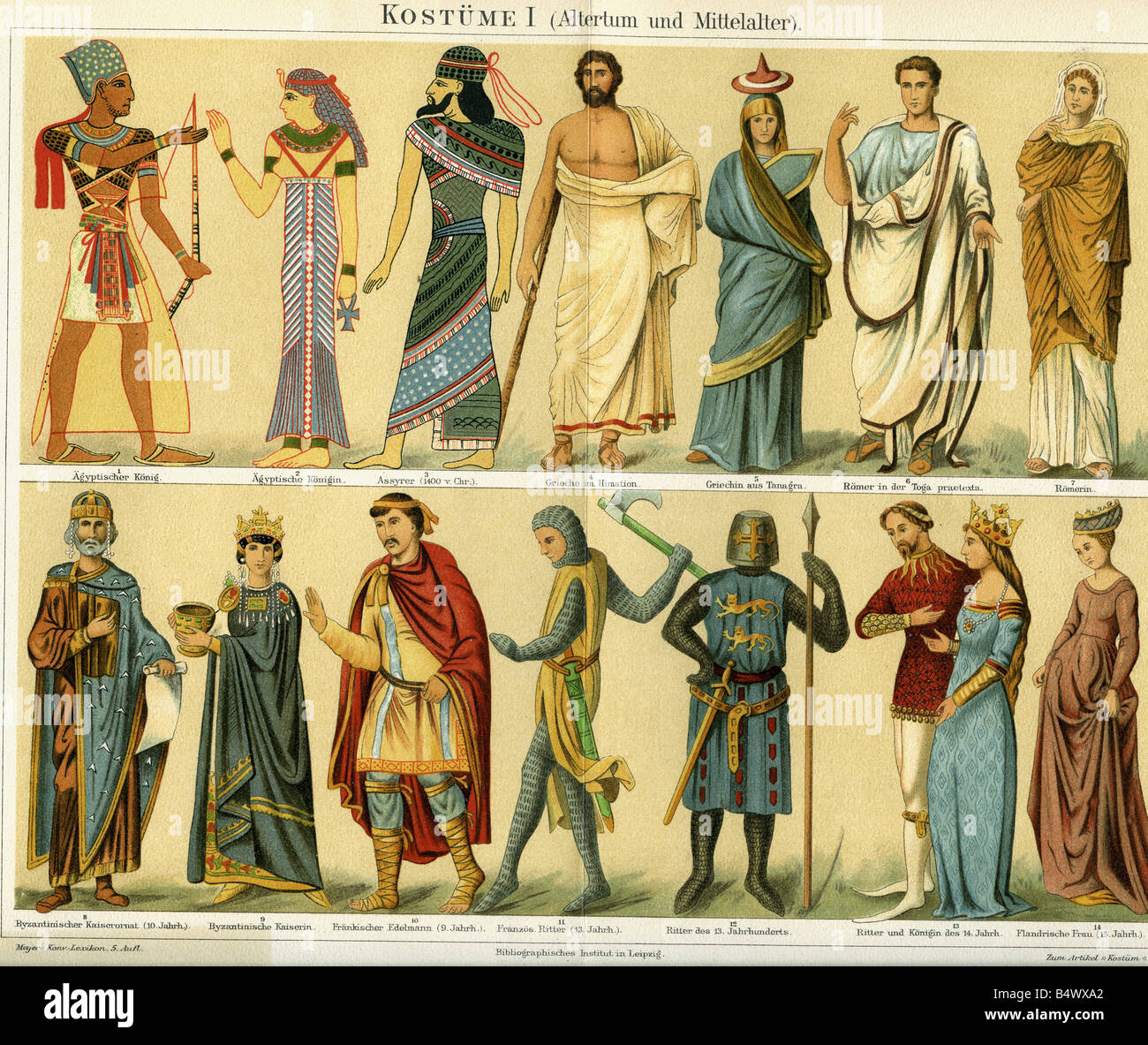 fashion, ancient world and middle ages, tablet, colour lithograph, Meyers Konversationslexikon, Leipzig, 1896, Stock Photo