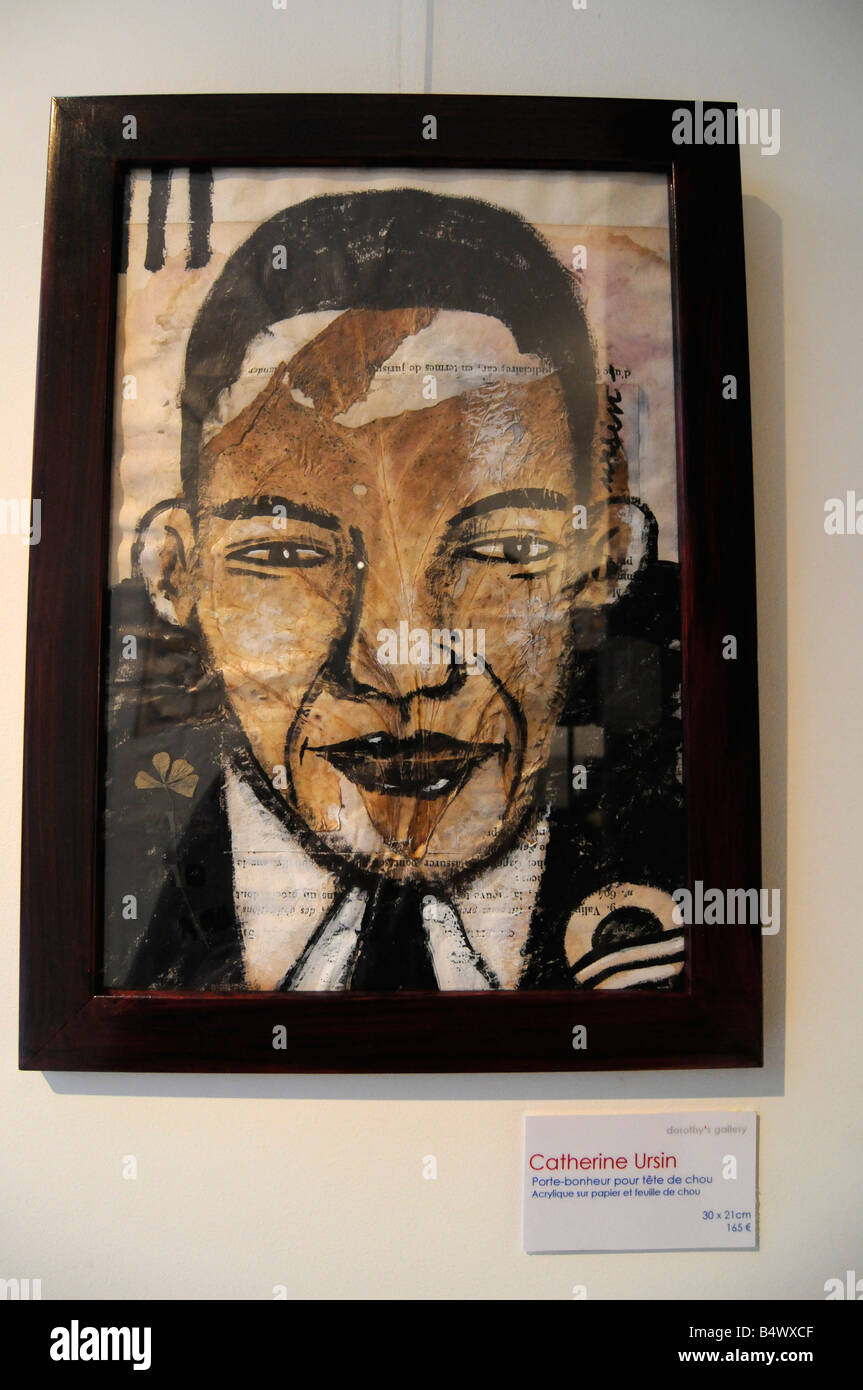 An artwork depicting US democratic candidate Barack Obama, seen in an art gallery in Paris, France. Stock Photo