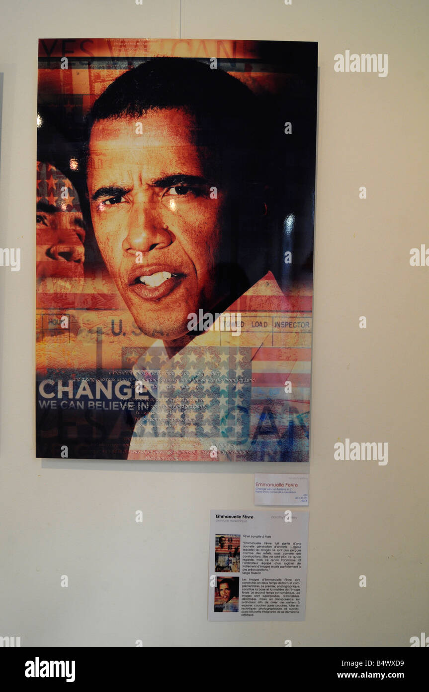 An artwork depicting US democratic candidate Barack Obama, seen in an art gallery in Paris, France. Stock Photo
