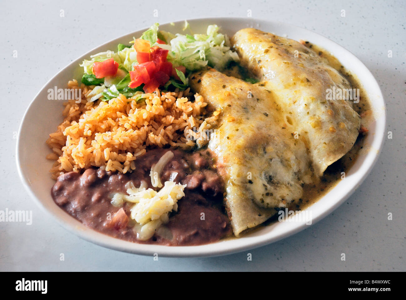 Swiss enchiladas filled with chicken and sour cream served with rice