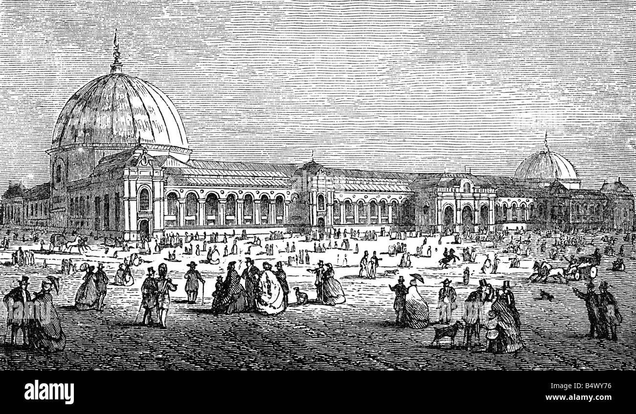 exhibitions, world exposition, London, 1.5.1862 - 1.11.1865, Crystal Palace, exterior view, wood engraving, 'IIlustrierte Zeitung', Leipzig, 31.5.1862, , Stock Photo