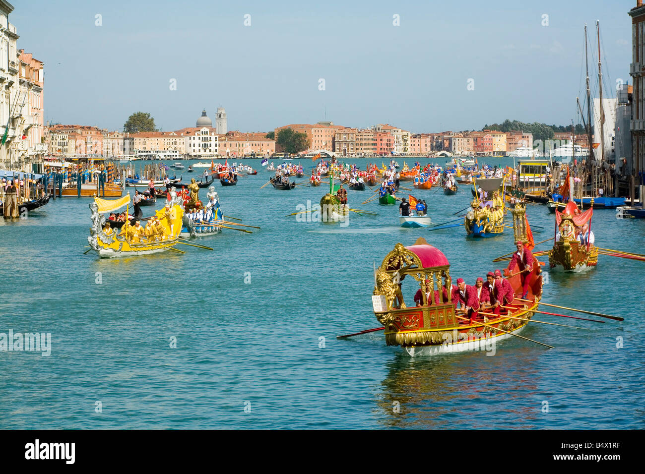 Decorated Boats on the Grand Canal in Venice for the Historical Regatta which takes place each September Stock Photo