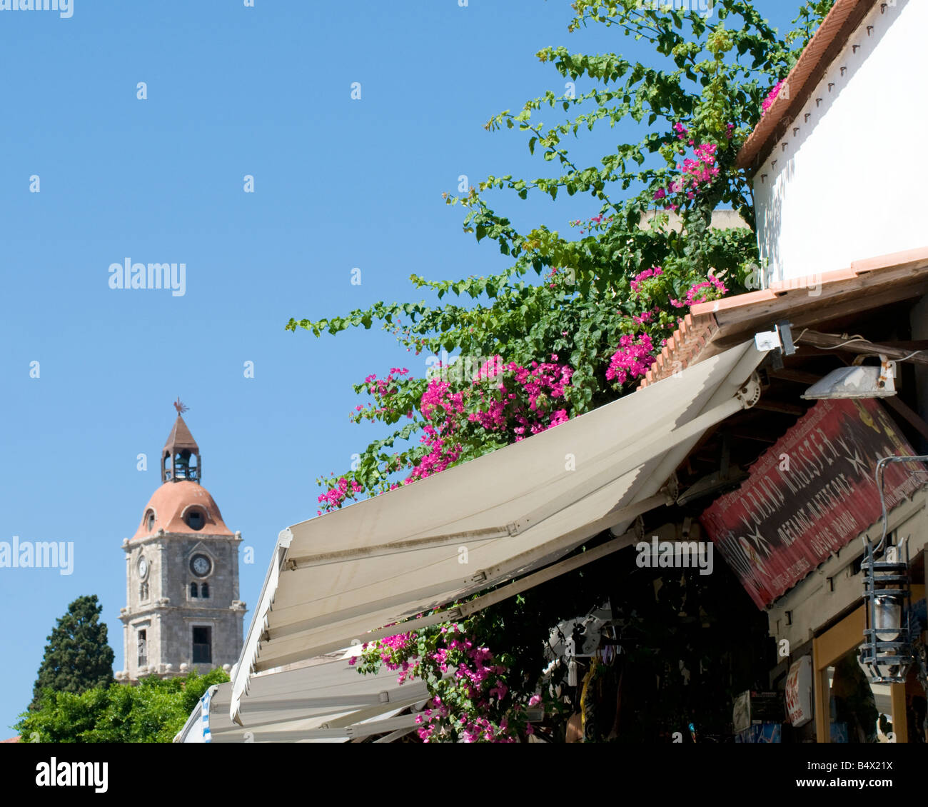 Rhodes Old Town Clock Tower seen from Socrates Street, with shop fronts