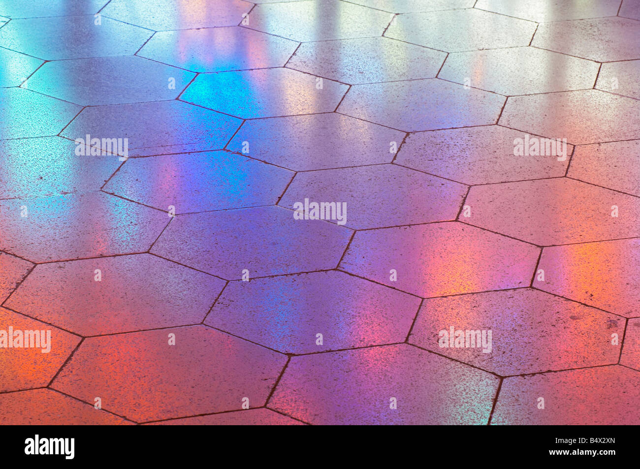 Reflections of stained galss window on tiled floor of Clifton Cathedral, Bristol, England, UK Stock Photo