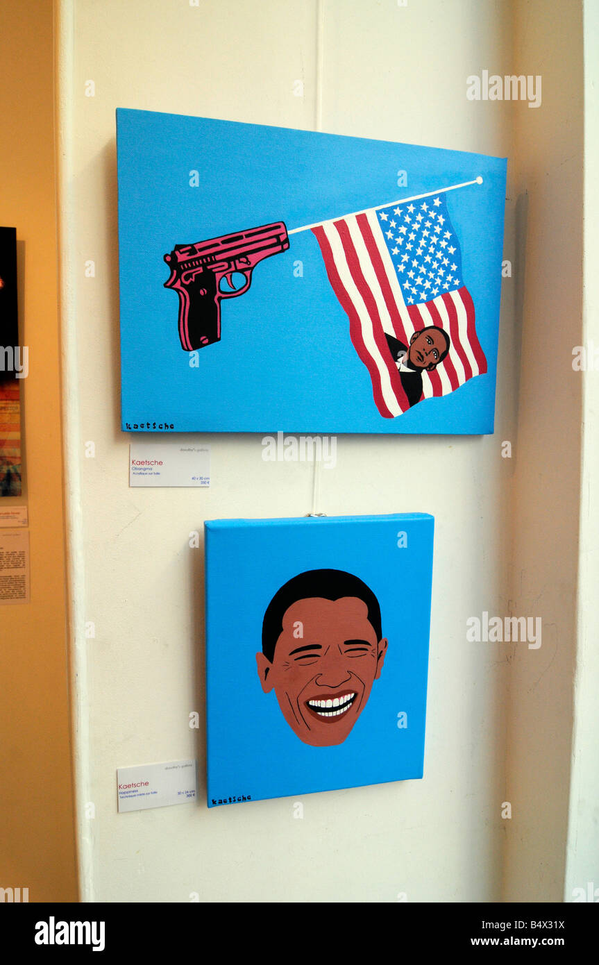 An artwork depicting US democratic candidate Barack Obama, seen in an art gallery in Paris, France. Stock Photo