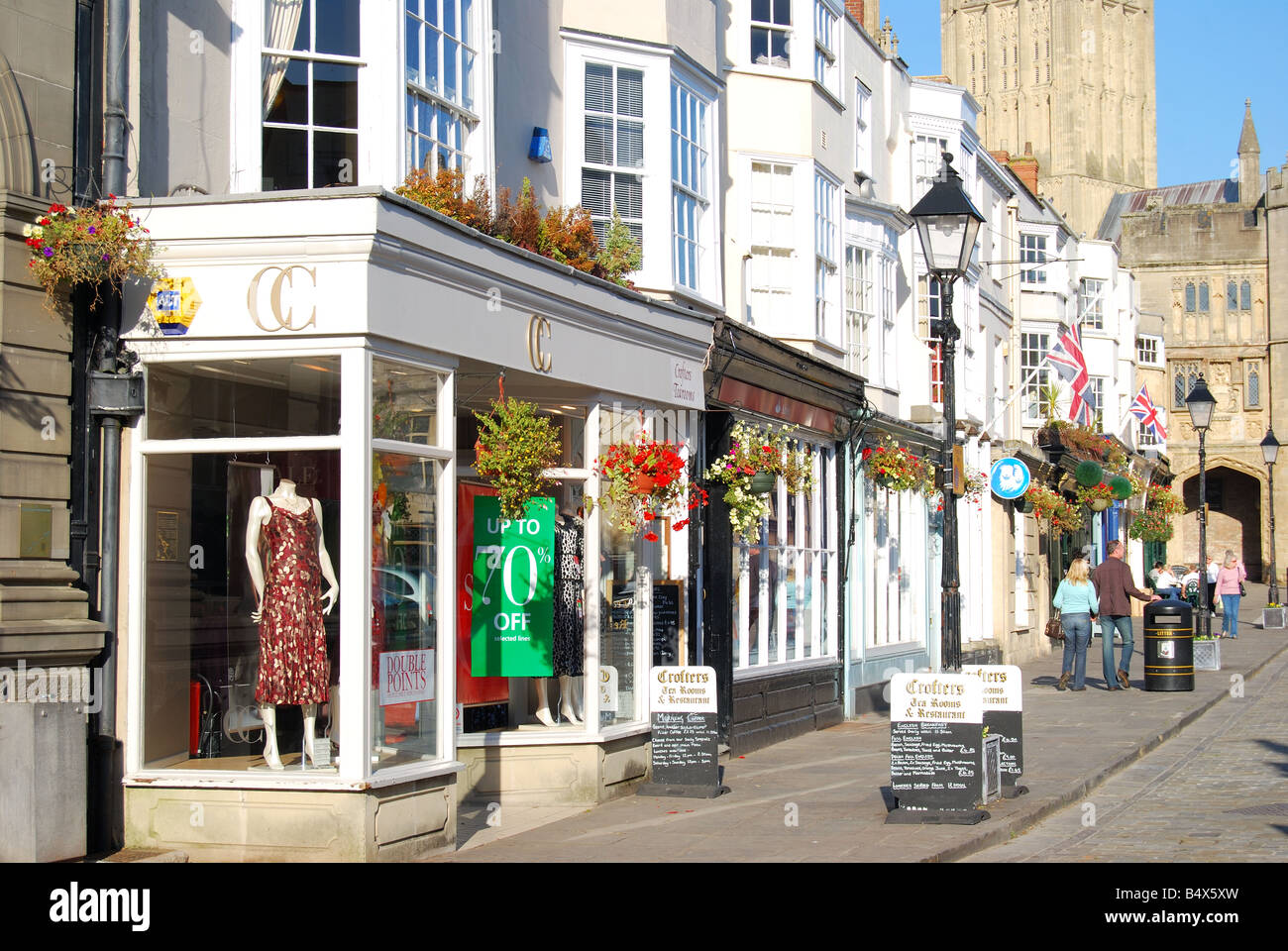 Shops and restaurants, Market Place, Wells, Somerset, England, United