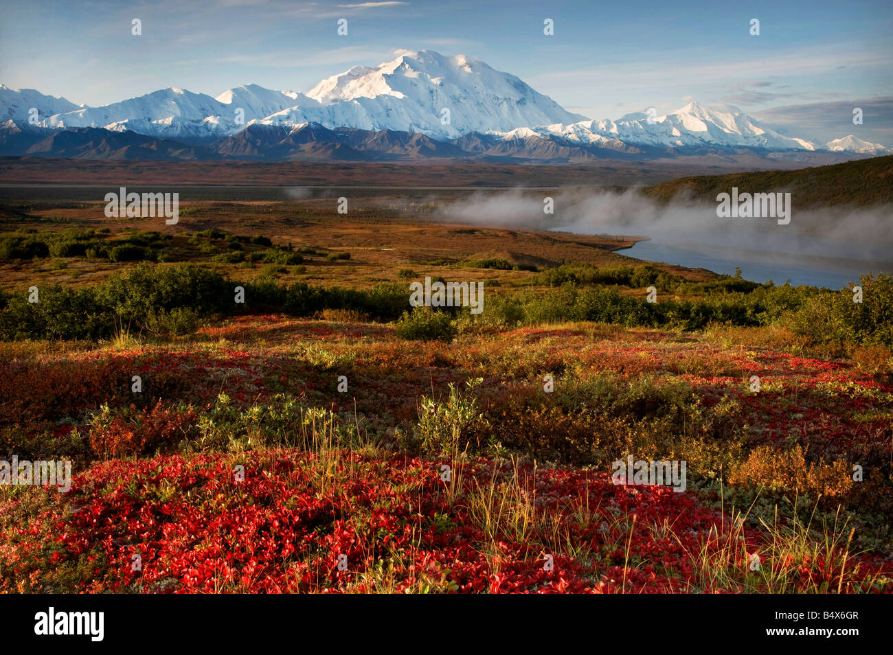 Mount Mckinley and Wonder Lake with Fog in Autumn, Denali National Park, Alaska Stock Photo