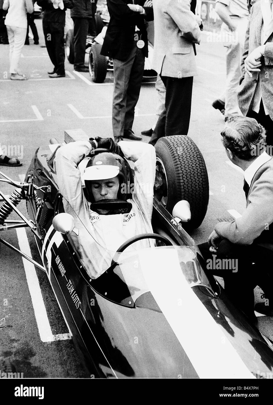 Jim Clark racing driver in car Crystal Palace London arms stretched