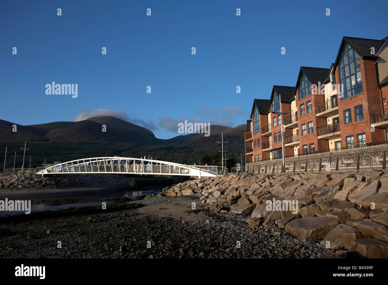 promenade footbridge over the river shimna with modern apartments in newcastle county down