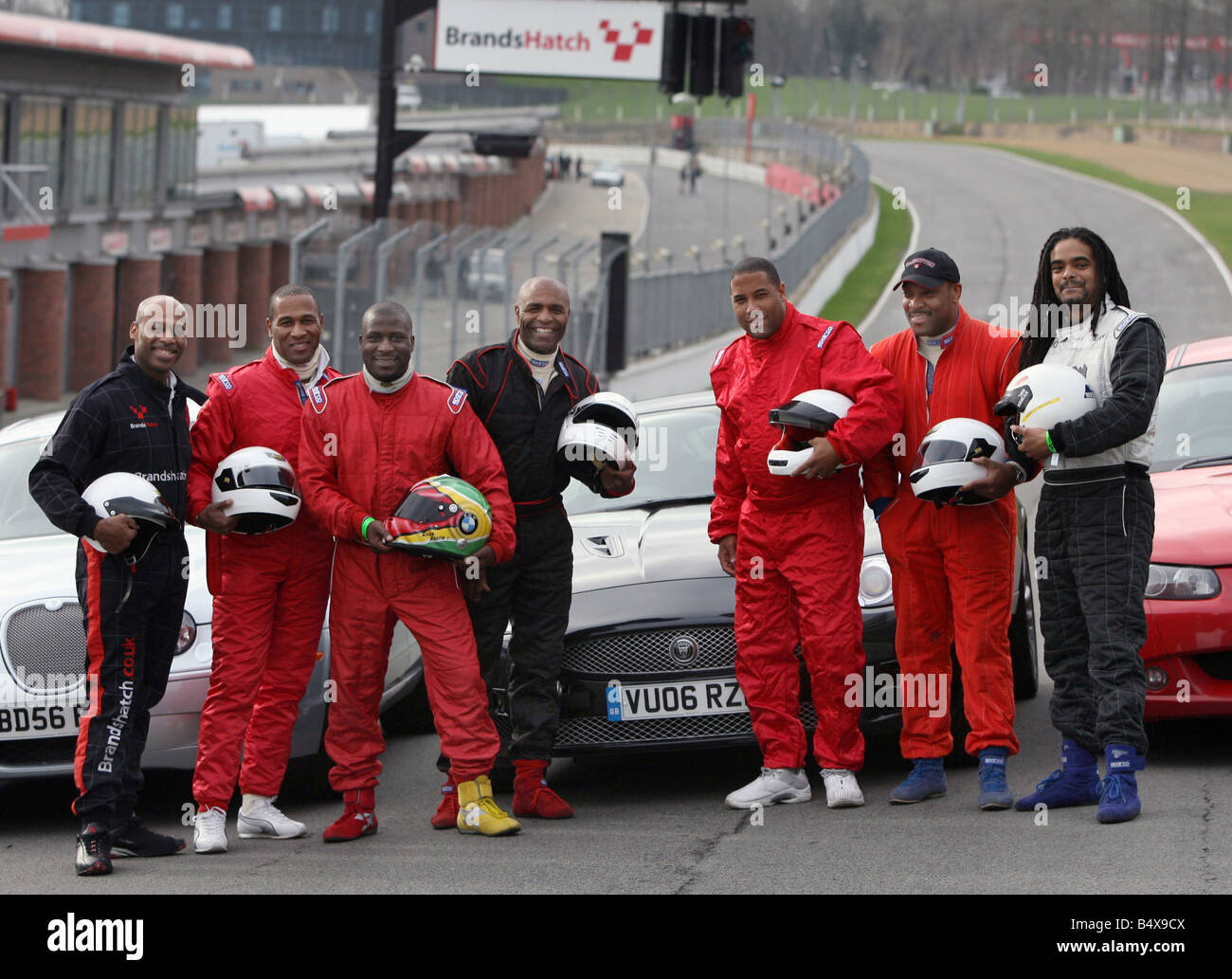 29.1.07: Drivers, including ex footballers, try out for the first Caribbeen Racing Team at Brands Hatch today. L-R Tony Chambers, Les Ferdinand, Raun Austin, Luther Blissett, John Barnes, Winston Graham and Olevi Doctrove.;Mike Moore Stock Photo