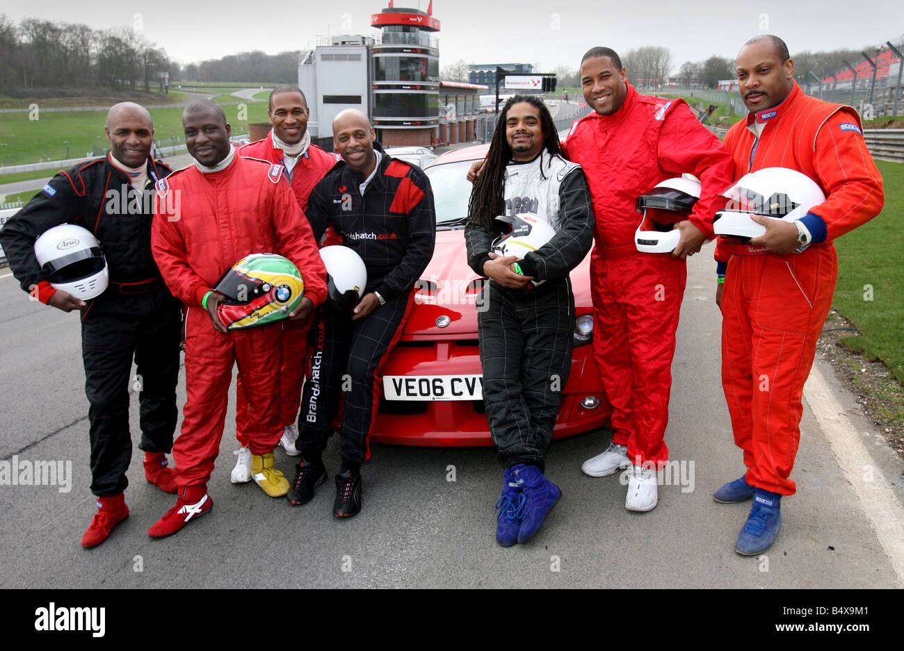 Drivers including ex footballers, try out for the first Caribbeen Racing Team at Brands Hatch today. L-R Luther Bissett, Tony Chambers, Raun Austin, Les Ferdinand, John Barnes, Olevi Doctrove and Winston Graham. They are sitting on a Vauxhall.;29th January 2007 Stock Photo