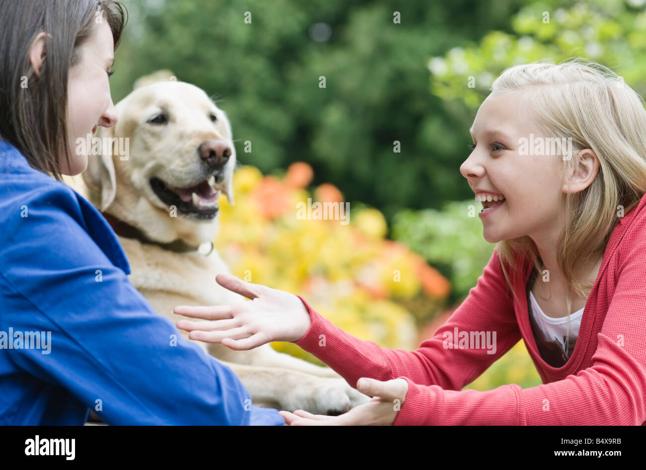 Girls sitting with dog in park Stock Photo - Alamy