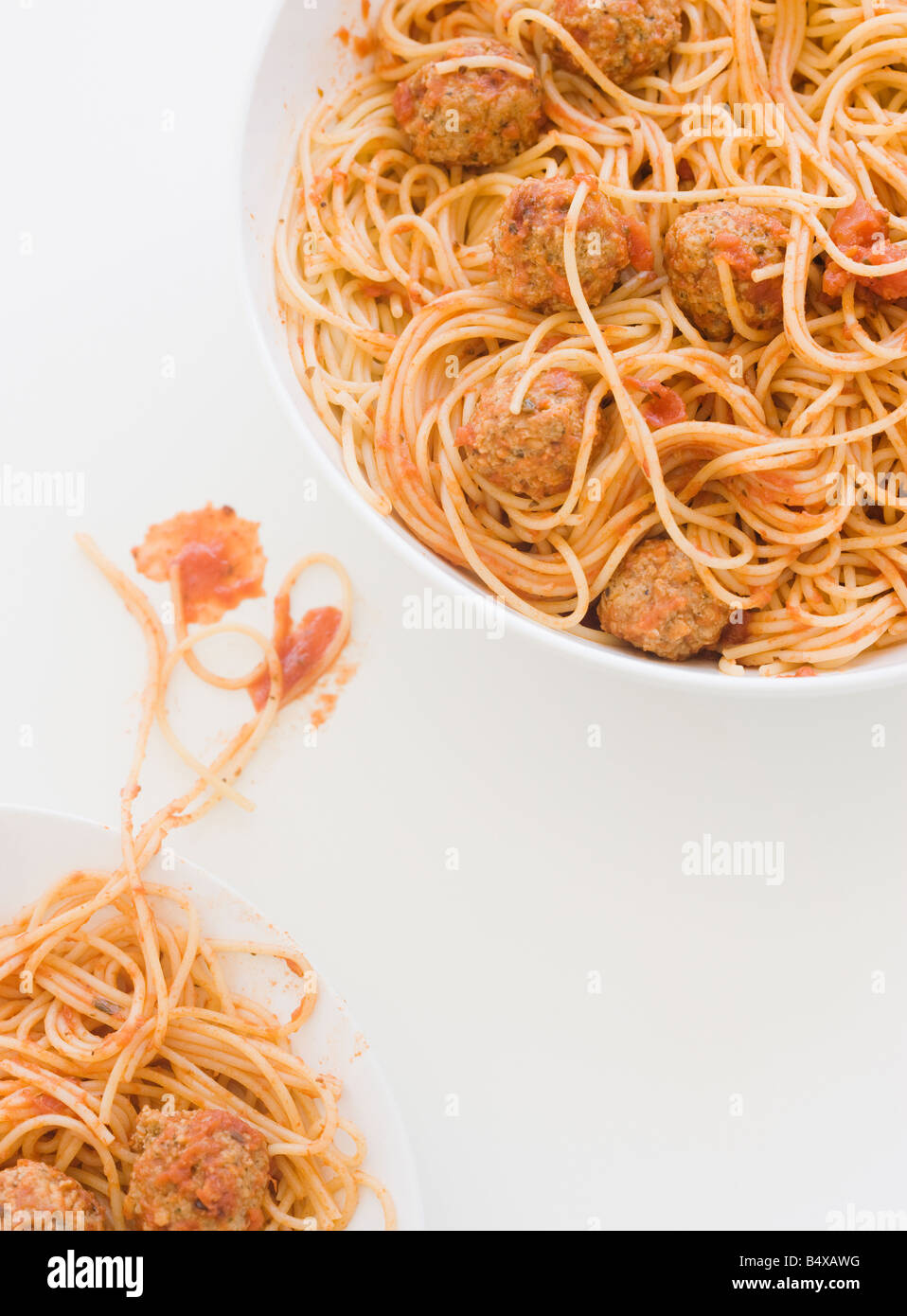 Messy spaghetti and meatballs Stock Photo