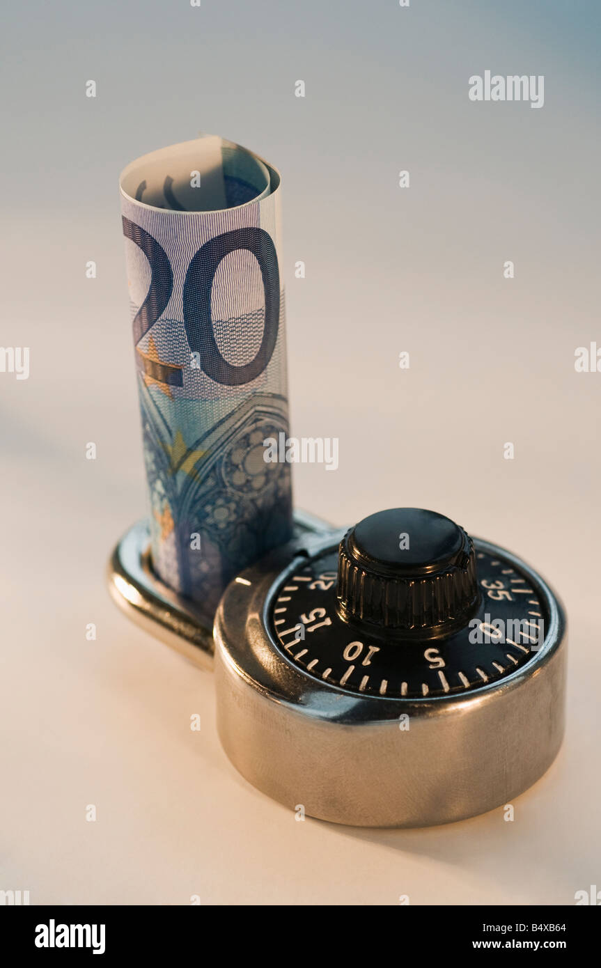 Close up combination lock and paper euro Stock Photo