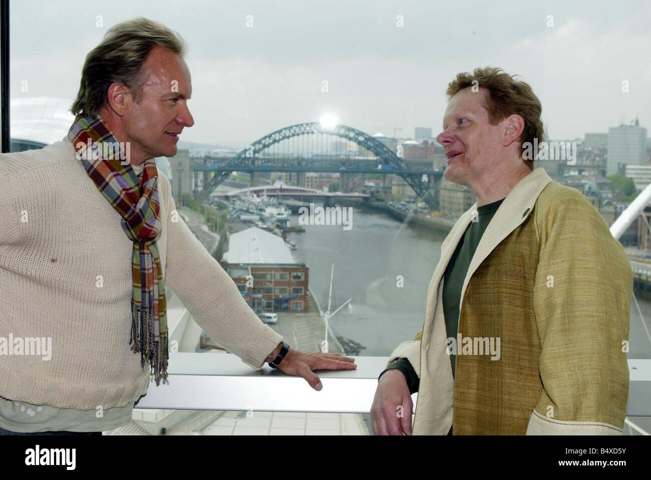 Sting with Philippe Petit with a view of the Tyne at The Baltic Stock Photo