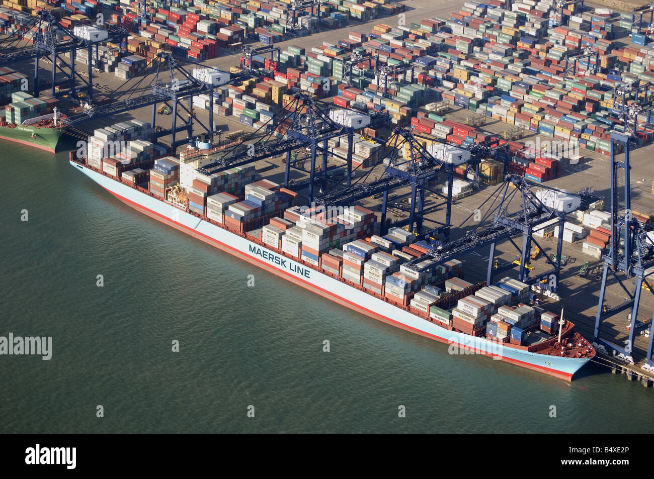 The Maren Maersk of the Maersk Line at Felixstowe Port UK.Aerial view Stock Photo