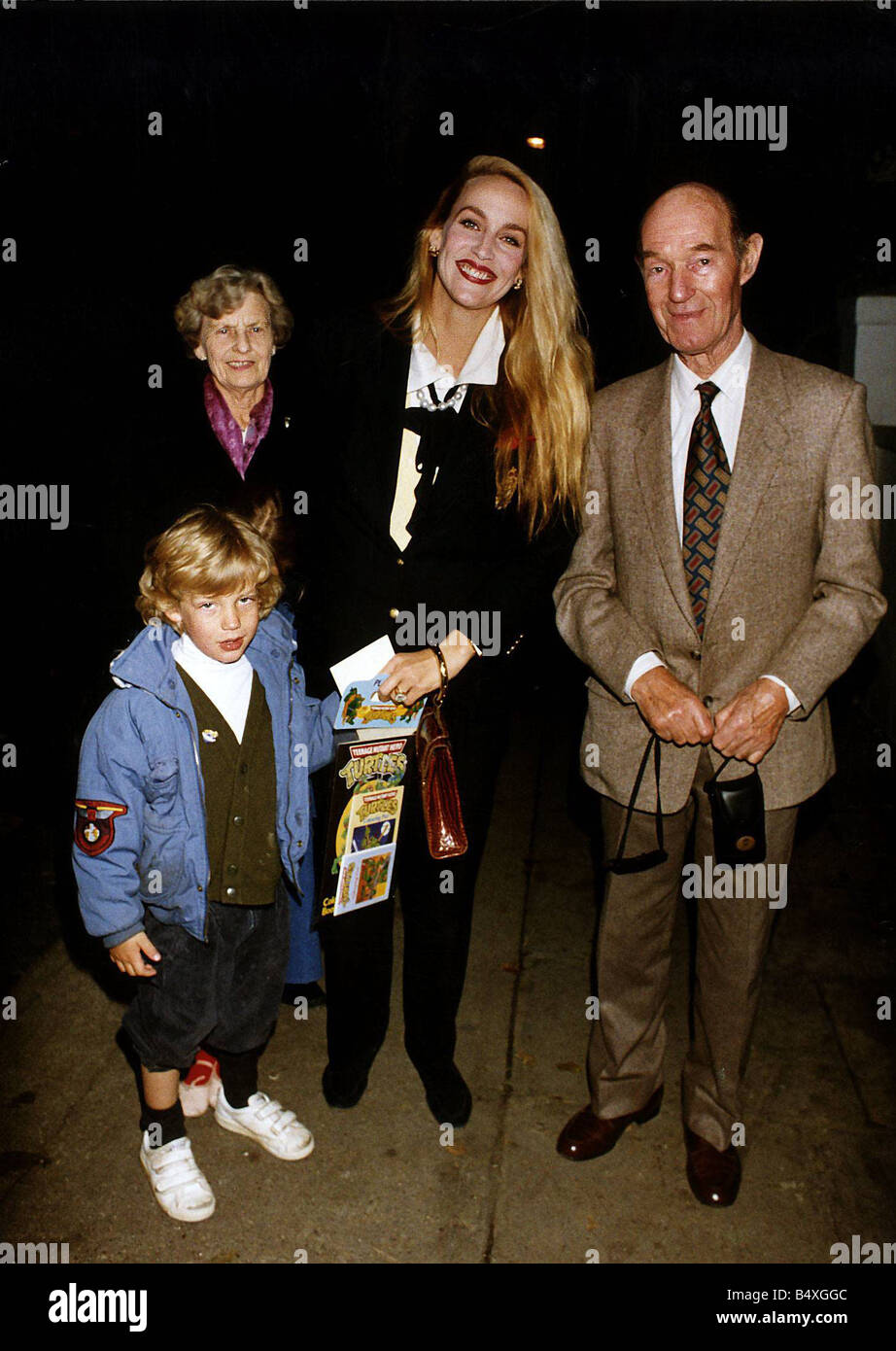 Jerry Hall Model with Son James and Mick Jagger s Parents Eva and Joe Stock Photo