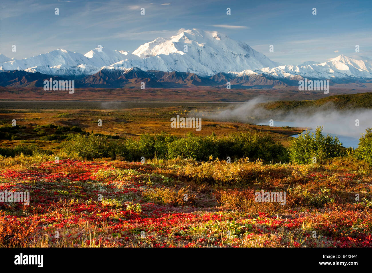 Mount Mckinley and Wonder Lake with Fog in Autumn, Denali National Park, Alaska Stock Photo