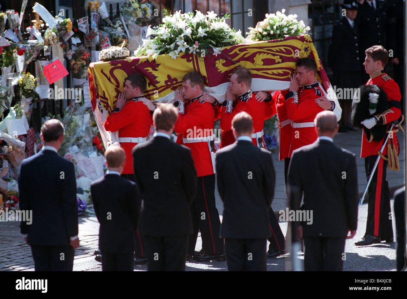 Princess Diana Funeral 6th September 1997 L TO R Prince Charles Prince Harry Lord Charles Althorp Prince William Prince Philip Duke of Edinburgh watch Diana s coffin go by carried by soldiers Stock Photo